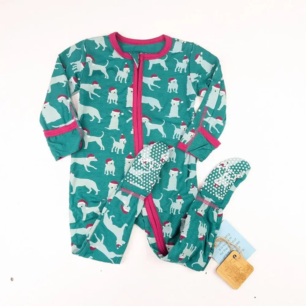 Kickee Pants Aqua & Magenta Santa Dogs Footie 6-9 Months
